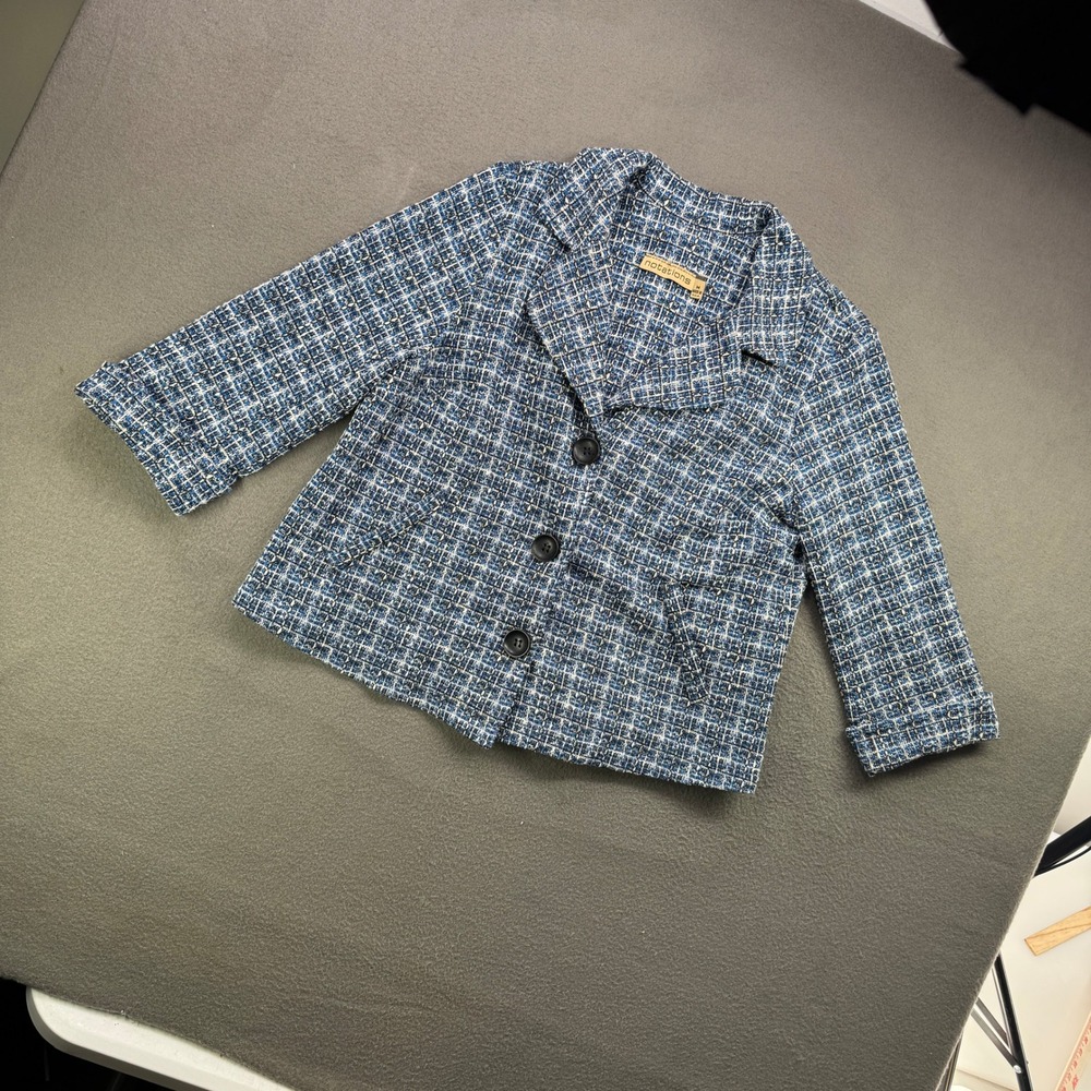 Vintage Notations Jacket Women M Blue Tweed Boucle Knit Blazer Plaid 3/4 Sleeve - Picture 2 of 9